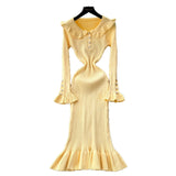Fongt Retro Doll Collar Horn Sleeve Dress Women Autumn Waist Thin Temperament Knitted Dress
