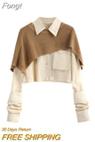 Fashion Women Two Pieces Sets Long Sleeve Short Blouse Shirt + Solid Knitted Pullover Crop Shawl Sweater Female