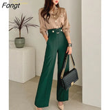 Han Queen Autumn New Occupation 2-Piece Suits Women Elegant Long Sleeve Shirts Top & Simple High Waist Pants Korean Casual