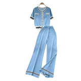 Fongt Fragrant Breeze Sleeze Sleeze Round-Neck Collar Knitted Top Women High-Waisted Leisure Broad-Legged Pants Summer Suit