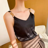 Top V-neck Solid Fashion Sleeveless Top Women Temperament Elegant Office Lady Backless Top Silk Spaghetti Camis Summer
