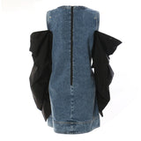 Fongt New Round-Neck Denim Collevetic Collider Pintap Crash Color Removable Heap Sleeve Dress 1654