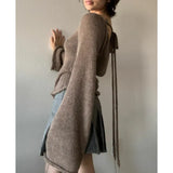 Fongt And Summer 2025 New Women's Temperamental Horn Sleeve Knitted Top With Sexy Bare Back Sweater