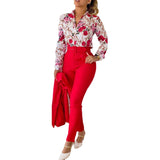 Series) 2023 Women's Red Print Shirt Pantsuit-With A Belt-Outfit