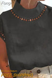 Solid Color Turtleneck Blouse Shirts Women Elegant Short Sleeve Button Pullover Tops Lady Casual Loose Blusa