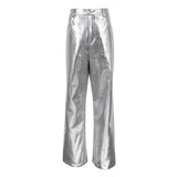 Fongt New Autumn And Winter Silver PU Leather Pants Fashion Scale Pattern High Waist Long Straight Leg Pants Children Style-Outfit