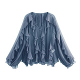 Fongt 2025 Women's New Fashion Butterfly Tacked With Overlays Decoration French Lantern Sleeve Long Sleeve Shirts