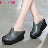 2021 Genuine Leather Women Slippers 8 CM High Heels Wedges Summer Shoes Platform Retro Handmade Women Leather