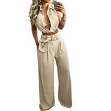 Fongt 2023 New Fashion Solid Color Lapel Sexy Sleeveless Top Casual Pants Suit-Outfit