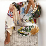 Fongt Women's 2025 Suit New Casual Print V-Neck Shirt Broad Leg Pants Women's Spring Suit
