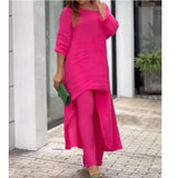 Fongt New Women's Cotton And Cotton Fashion Casual Large Code Irregular Long-Sleeved Set Of Wide Leg Pants Two Sets