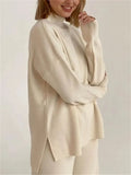 Women Knitted Suit Warm Solid Split Pullovers and Wide Pants Two-piece Suit Female Half Turtleneck Oversize Tracksuit-Outfit
