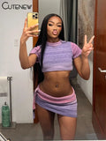 Gradient Summer 2 Piece Set For Women Casual O-neck Crop Tops+Bandage Matching Hip Skirts Female Crochet Classic Outfits-Outfit