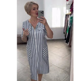 Fongt Summer New Large-Size Fashion Bag Pocket Striped Dress Woman