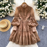 Fongt Court Lantern Sleeve Dress Girl Spring Hook Flower Embroidery Design Famous Light Luxury Royal Sister Temperament Dress
