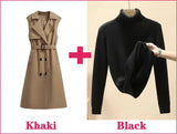 Trench Vests Coats 2 Piece Sets Women Casual Double Breasted Gabardina Sleeveless Jackets Turtleneck Winter Thicken