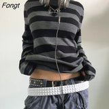 Women Fairy Grunge Knit Basic Shirt Autumn Y2K Grey Black Striped Long Sleeve Round Neck Tops Emo