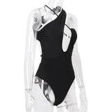 Black Backless Hollow Asymmetric Strap Bodysuit-Outfit