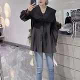 Lady Sailor Collar Shirt Korean Loose Spring Autumn Sashes Commute Female Clothing Single-breasted Casual Basic Blouse-Outfit