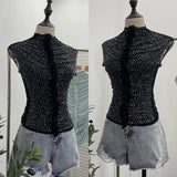 Drilling Sleeveless Vest Wearing Half-High Neck Net Yarn Slime Folded T-Shirt Blouse Female