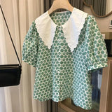 Womens Shirts Sweet Peter Pan Collar Short Sleeve Blouses 2022 Blusas De Mujer Chic Polka Dot Korean Elegant Tops