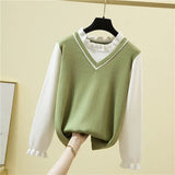 Women Knitted Sweater Female Ruffle Collar Long Sleeve Preppy Style Fake Two Piece Pullovers Slim Fitting Splicing Jumper