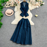 Fongt Age-Down Suit Women's Summer Ripe Wind Folded Back Cowboy Top + High Waist Thin Half
