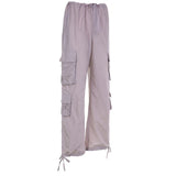 Drawstring Cargo Style Parachute Pants Basic Pockets Baggy Trousers Women Sporty Y2K Teachwear