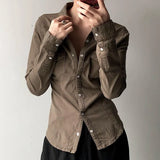 Retro Pleated Lapel Breasted Slim Fit Denim Shirt For Women-Outfit