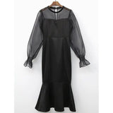Fongt Chic Early Spring French Niche Round Collar Waist Mesh Stitching Bubble Sleeve Fishtail Dress-Outfit