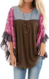 Fongt Women's Wear Bat Sleeve Print Color Swafge Round Collar Blouse T-Shirt
