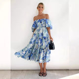 Fongt Summer New Bubble Sleeve Holiday Show Skinny Dress Babes High-Waisted Shoulder-Print Dress Dress Woman
