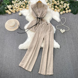 Fongt Gray West Assembly V-Neck Double Buckle Vest Sleeveless Waist Blouse + High Waist-High-Scretch Broad-Legged Trousers Two
