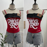 Fongt Letter-Print Spliced Denim Sling Vest Repair Outside The Hot Babes Bumpy Short Sleeveless Top 2309