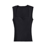 Fashionable Women's Dress Square Collar Wavy Vest Vertical Pit Strip Slim Body Navel Short Solid Color Sleeveless Blouse-Outfit