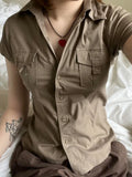 Fashion Streetwear Safari Style Solid Blouses Y2K Aesthetic Vintage Buttons Up Shirts Women Korean Casual Tops Summer-Outfit