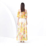 Fongt Spring New Holiday Style Printed Lotus Leaf Dress Women's Shoulder To Show Thin Spuny Chiffon Skirt