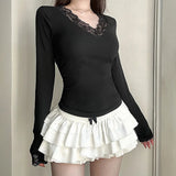 Fongt Pure Desire Sexy Wind Lace Splicing Base Long-Sleeved T-Shirt V-Neck Pure Color Slim Slim Joker Top-Outfit