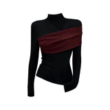 Fongt Temperament Oceanic Irregular Bottoming Shirt Women Autumn Half-High Collar Collar Head Thin Bumping Color Splicing Top
