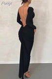 Autumn Ruched Y2K Clothes Long Sleeve Backless O-Neck Bodycon Midi Dresses For Women 2023 Club Birthday Party