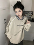 Print V Neck Patchwork Sweatshirt-Outfit