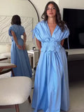 Fongt Women's Clothing Explosion Blue V-Neck Belt Three-Dimensional Flower Bow Holiday Dress