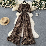 Fongt Dress Holiday Wear Chic Light Leisure V Collar Short Sleeves Tight Waist High Waist Thin Leg Print Jump Trousers
