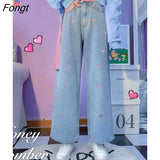 Cute Heart Pants Female Women's Jeans Boyfriend Embroidery Jeans High Waist Kawaii Jeans Cool Punk Stright Trousers