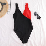 One Piece Swimsuit 2022 Women Red Black Patchwork Ruffle Swimwear Beach Bathing Suit Bandage Cross Backless