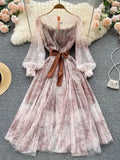 Women Mesh Dress Vintage Lantern Sleeves Printed Party Dresses Spring Summer Patchwork A Line Bandage Beach