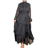 Fongt 2023 New French Hepburn Wind Solid Color High Collar Waist Cake Dress Woman-Outfit
