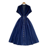 Fongt Women's Dress 2025 Summer High-End Deep V-Neck Waist Buckle Body Pressure Folding Casual Denim Dress
