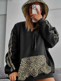 Fongt Has F24TP161 Women's Autumn And Winter New Leopard Splicing Drawstring Pocket Loose Casual Hooded