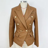 Fall Winter 2023 Designer Blazer Jacket Women's Lion Metal Buttons Double Breasted Synthetic Leather Blazer